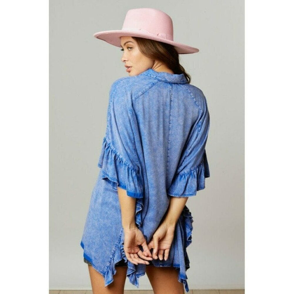Time Flies Acid Washed Ruffled Shirt in Royal Blue - Picture 7 of 8